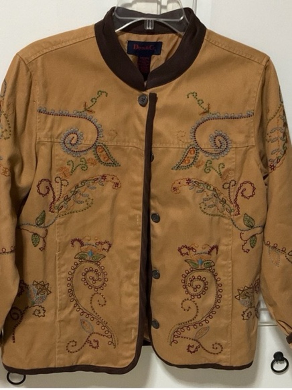 Denim & Co. Embroidered Tan Jacket with Brown Trim